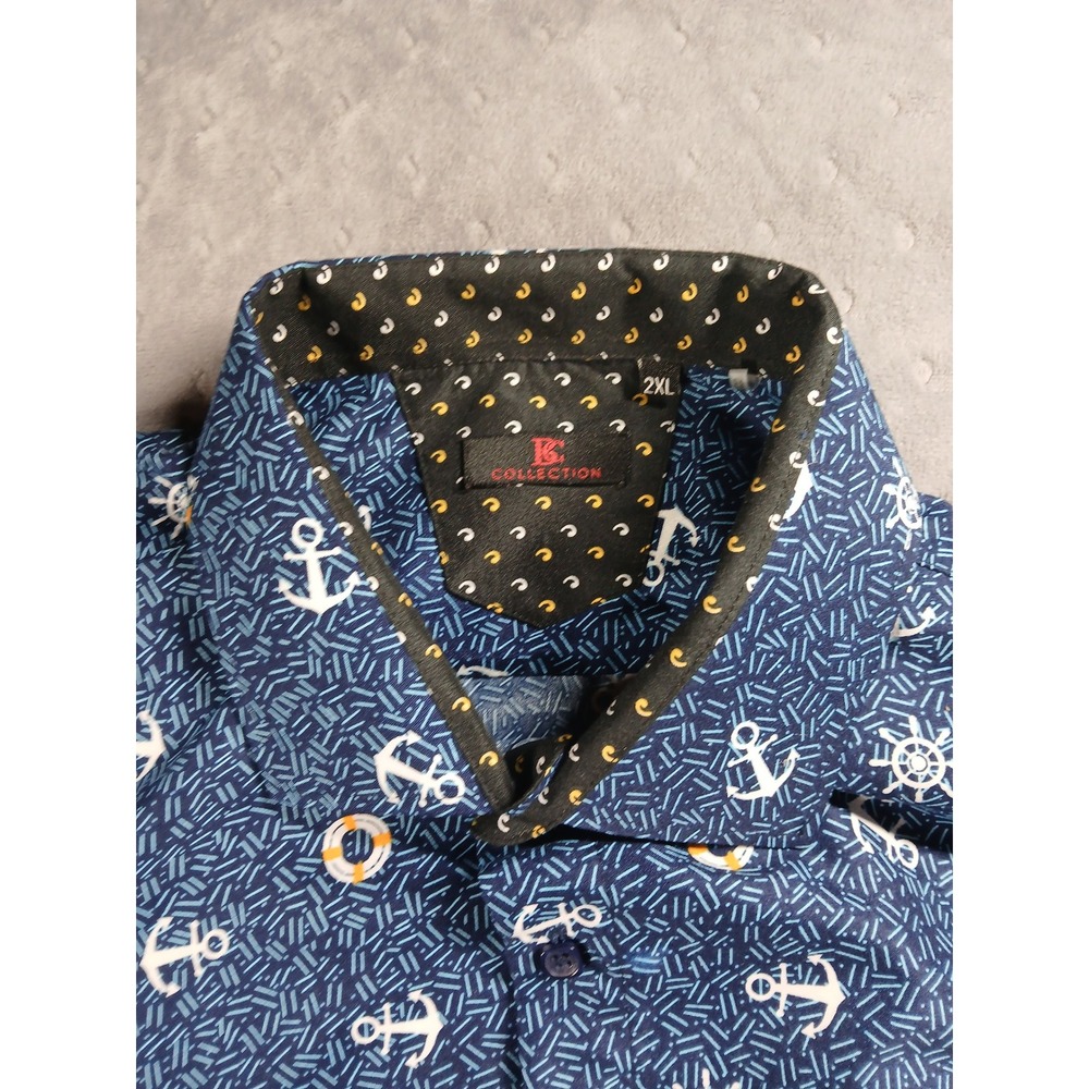 BC Collection Nautical Button Down Shirt Mens 2XL XXL Blue Anchor Ship Wheel - Picture 2 of 8